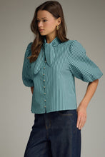 Load image into Gallery viewer, NEWEST ARRIVAL Green/Blue Striped Neck Tie Blouse
