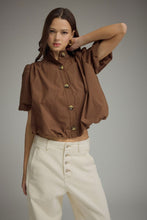 Load image into Gallery viewer, NEWEST ARRIVAL Brown Bubble Hem Button Front Blouse
