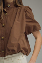 Load image into Gallery viewer, NEWEST ARRIVAL Brown Bubble Hem Button Front Blouse
