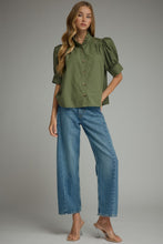 Load image into Gallery viewer, NEWEST ARRIVAL Olive Green Puff Sleeve Button Down Blouse
