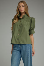 Load image into Gallery viewer, NEWEST ARRIVAL Olive Green Puff Sleeve Button Down Blouse
