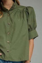 Load image into Gallery viewer, NEWEST ARRIVAL Olive Green Puff Sleeve Button Down Blouse
