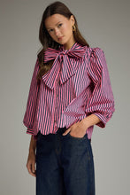 Load image into Gallery viewer, NEWEST ARRIVAL Pink/Pine Green Striped Button Down Neck Tie Blouse
