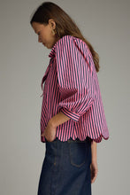 Load image into Gallery viewer, NEWEST ARRIVAL Pink/Pine Green Striped Button Down Neck Tie Blouse
