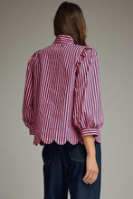 Load image into Gallery viewer, NEWEST ARRIVAL Pink/Pine Green Striped Button Down Neck Tie Blouse

