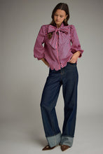 Load image into Gallery viewer, NEWEST ARRIVAL Pink/Pine Green Striped Button Down Neck Tie Blouse

