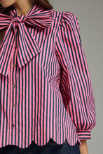 Load image into Gallery viewer, NEWEST ARRIVAL Pink/Pine Green Striped Button Down Neck Tie Blouse
