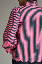 Load image into Gallery viewer, NEWEST ARRIVAL Pink/Pine Green Striped Button Down Neck Tie Blouse
