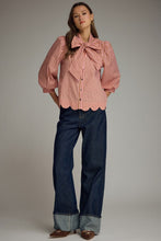 Load image into Gallery viewer, NEWEST ARRIVAL Camel Brown/Pink Striped Button Down Neck Tie Blouse

