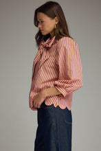 Load image into Gallery viewer, NEWEST ARRIVAL Camel Brown/Pink Striped Button Down Neck Tie Blouse

