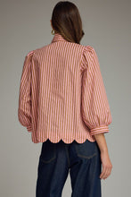 Load image into Gallery viewer, NEWEST ARRIVAL Camel Brown/Pink Striped Button Down Neck Tie Blouse
