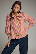 Load image into Gallery viewer, NEWEST ARRIVAL Camel Brown/Pink Striped Button Down Neck Tie Blouse
