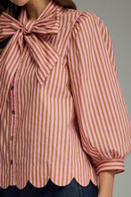 Load image into Gallery viewer, NEWEST ARRIVAL Camel Brown/Pink Striped Button Down Neck Tie Blouse
