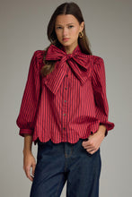 Load image into Gallery viewer, NEWEST ARRIVAL Red/Brown Striped Button Down Neck Tie Blouse
