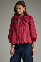 Load image into Gallery viewer, NEWEST ARRIVAL Red/Brown Striped Button Down Neck Tie Blouse
