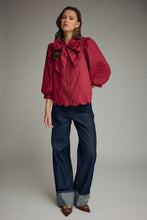 Load image into Gallery viewer, NEWEST ARRIVAL Red/Brown Striped Button Down Neck Tie Blouse
