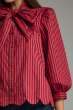 Load image into Gallery viewer, NEWEST ARRIVAL Red/Brown Striped Button Down Neck Tie Blouse
