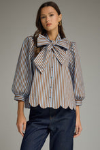 Load image into Gallery viewer, NEWEST ARRIVAL Blue/Brown Striped Button Down Neck Tie Blouse
