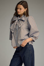 Load image into Gallery viewer, NEWEST ARRIVAL Blue/Brown Striped Button Down Neck Tie Blouse
