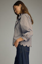 Load image into Gallery viewer, NEWEST ARRIVAL Blue/Brown Striped Button Down Neck Tie Blouse
