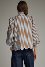 Load image into Gallery viewer, NEWEST ARRIVAL Blue/Brown Striped Button Down Neck Tie Blouse
