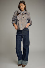 Load image into Gallery viewer, NEWEST ARRIVAL Blue/Brown Striped Button Down Neck Tie Blouse
