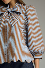 Load image into Gallery viewer, NEWEST ARRIVAL Blue/Brown Striped Button Down Neck Tie Blouse

