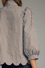 Load image into Gallery viewer, NEWEST ARRIVAL Blue/Brown Striped Button Down Neck Tie Blouse
