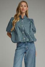 Load image into Gallery viewer, NEWEST ARRIVAL Blue/Green Striped Bubble Hem Button Down Blouse
