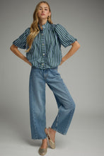 Load image into Gallery viewer, NEWEST ARRIVAL Blue/Green Striped Bubble Hem Button Down Blouse
