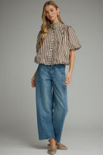 Load image into Gallery viewer, NEWEST ARRIVAL Brown Striped Bubble Hem Button Down Blouse
