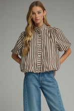 Load image into Gallery viewer, NEWEST ARRIVAL Brown Striped Bubble Hem Button Down Blouse
