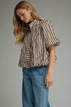 Load image into Gallery viewer, NEWEST ARRIVAL Brown Striped Bubble Hem Button Down Blouse
