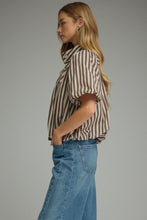 Load image into Gallery viewer, NEWEST ARRIVAL Brown Striped Bubble Hem Button Down Blouse
