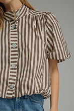 Load image into Gallery viewer, NEWEST ARRIVAL Brown Striped Bubble Hem Button Down Blouse

