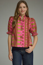 Load image into Gallery viewer, NEWEST ARRIVAL *PREORDER 8/26* Plum/Martini Green Mixed Print Puff Sleeve Blouse
