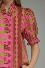 Load image into Gallery viewer, NEWEST ARRIVAL *PREORDER 8/26* Plum/Martini Green Mixed Print Puff Sleeve Blouse
