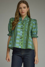 Load image into Gallery viewer, NEWEST ARRIVAL *PREORDER 8/26* Blue/Green Mixed Print Puff Sleeve Blouse
