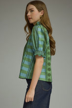 Load image into Gallery viewer, NEWEST ARRIVAL *PREORDER 8/26* Blue/Green Mixed Print Puff Sleeve Blouse
