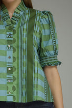 Load image into Gallery viewer, NEWEST ARRIVAL *PREORDER 8/26* Blue/Green Mixed Print Puff Sleeve Blouse
