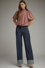 Load image into Gallery viewer, NEWEST ARRIVAL Plaid Mock Neck Bubble Back Tie Blouse
