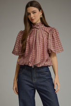 Load image into Gallery viewer, NEWEST ARRIVAL Plaid Mock Neck Bubble Back Tie Blouse
