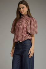 Load image into Gallery viewer, NEWEST ARRIVAL Pink/Brown Plaid Mock Neck Bubble Back Tie Blouse
