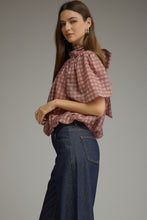 Load image into Gallery viewer, NEWEST ARRIVAL Pink/Brown Plaid Mock Neck Bubble Back Tie Blouse
