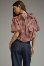 Load image into Gallery viewer, NEWEST ARRIVAL Plaid Mock Neck Bubble Back Tie Blouse
