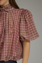 Load image into Gallery viewer, NEWEST ARRIVAL Plaid Mock Neck Bubble Back Tie Blouse
