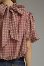 Load image into Gallery viewer, NEWEST ARRIVAL Plaid Mock Neck Bubble Back Tie Blouse
