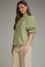 Load image into Gallery viewer, NEWEST ARRIVAL Olive Striped Smocked Trim Blouse
