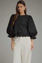 Load image into Gallery viewer, NEWEST ARRIVAL Black Balloon Sleeve Lace Trim Blouse
