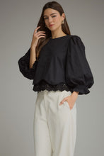 Load image into Gallery viewer, NEWEST ARRIVAL Black Balloon Sleeve Lace Trim Blouse
